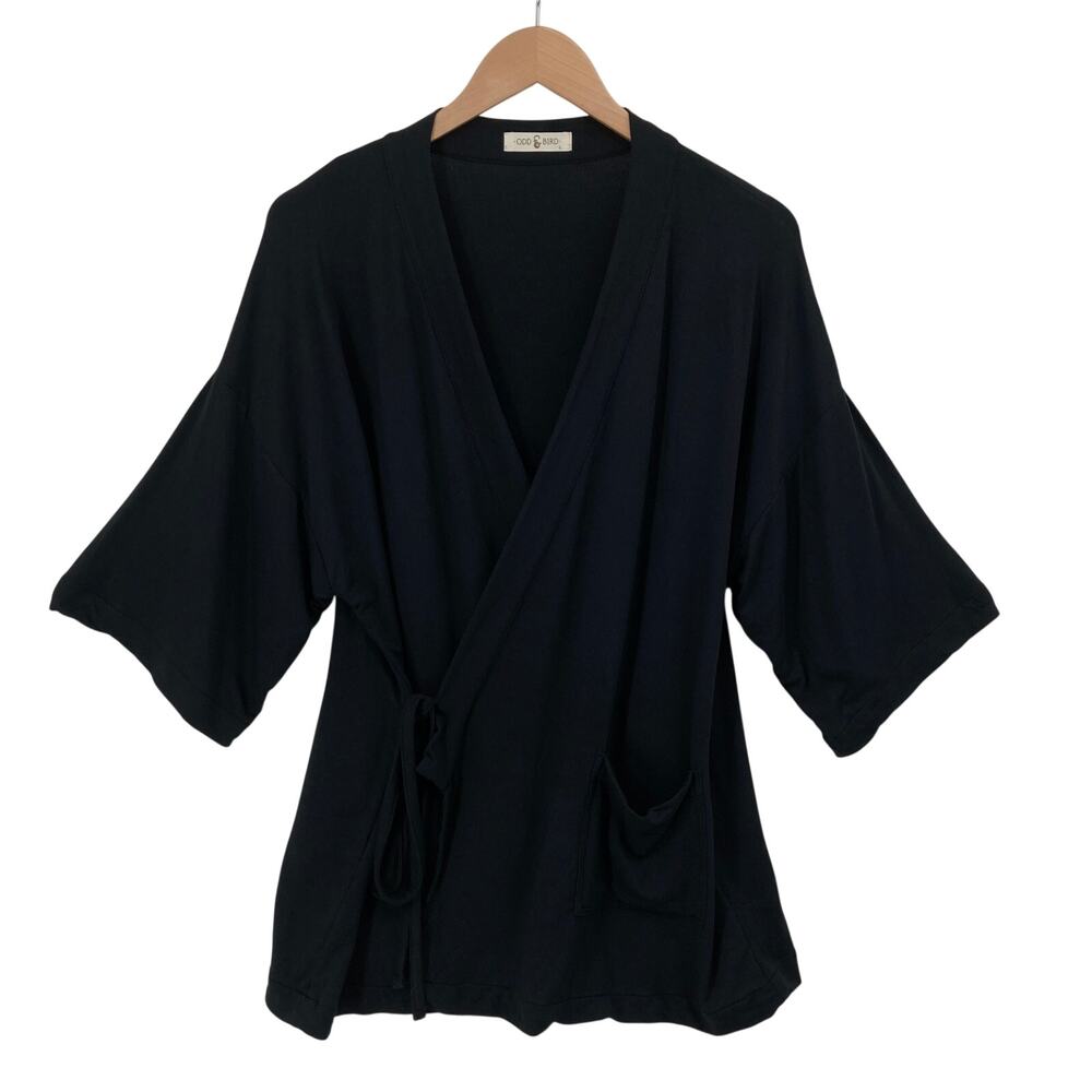 Odd Bird Womens L Black Kimono Wrap Cardigan Robe Tie Waist Modal Lounge Pockets